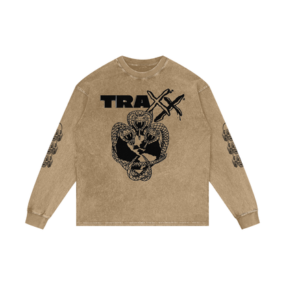 Snake Logo Acid Wash Oversize Long Sleeve T-Shirt